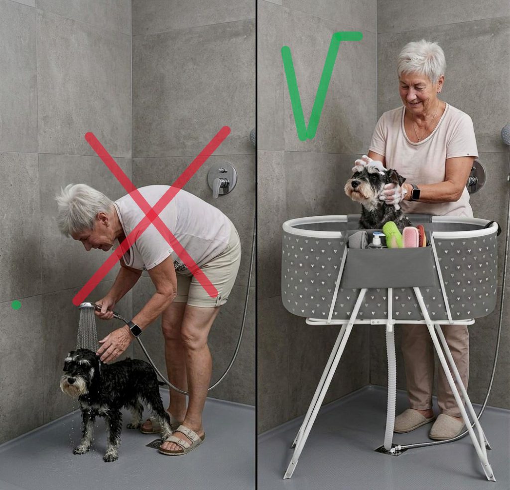 Sammenleggbart hundebadekar fra Badebikkja brukt til vask av små og mellomstore hunder. Da slipper de vond rygg og vonde knær. Enkleste måten å bade hunden på og gi den hundespa