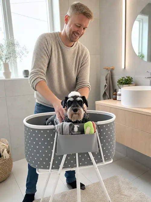 Per viser hvordan han bader hunden sin i hundabadekaret til Badebikkja.