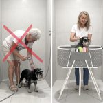 Dvergschanauzer blir dusjet med eier som må stå bøyd over hunden, vond rygg og vond arbeidsstilling. Bildet ved siden av viser løsningen med å bruke Badebikkjas hundebadekaret slik at hun kan stå oppreist og ha det behagelig når hun bader hunden. Bra for eier og bra for hunden.